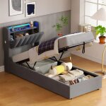 Lit coffre 90x190 cm avec coffre et led, coins arrondis avec prises - gris - sans matelas