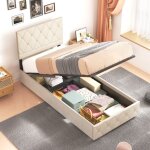 Lit coffre 90x200 cm - cadre de lit avec t�te de lit - beige - sans matelas
