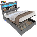 Lit coffre 90x200 cm avec sommier relevable led gris