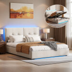 Lit coffre adulte 140x190 cm avec led - lit 2 personnes avec rangement hydraulique et tete de lit rembourr� ...