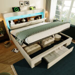 Lit coffre adulte 160x200 cm led avec usb / usb - c, 1 tiroir, sommier � lattes, t�te de lit avec rangement, ...