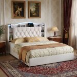 Lit coffre capitonn� 160x200, 2 places, lit avec espace de rangement, led, sommier � lattes en bois, ...