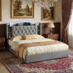 Lit coffre capitonn� 160x200, 2 places, lit avec espace de rangement, led, sommier � lattes en bois, ...