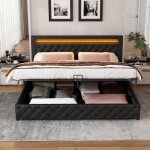 Lit coffre lit capitonn� double 180 x 200 cm avec sommier � lattes �clairage led, pu, noir