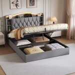 Lit coffre double 140x190, tissu peluche, bande led et ports usb int�gr�s ? structure � lattes, grand ...