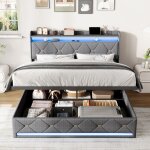 Lit coffre double 140x200 cm en tissu lin avec sommier, lit adulte avec rangement hydraulique, t�te de ...