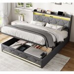 Lit coffre double 160x200 cm en tissu lin avec sommier, lit adulte avec rangement hydraulique, t�te de ...