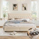 Lit coffre double 160x200cm avec sommier � lattes et 2 tiroirs, cadre de lit rembourr� avec rangement, ...