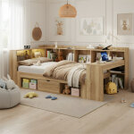 Lit coffre enfant 90x200 cm avec led, charge usb et type - c, bureau, rangements (�tag�res + tiroirs), ...