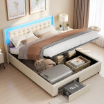 Lit coffre hydraulique 180x200cm, lit 2 place, lit adulte avec 2 tiroirs, t�te de lit capitonn� avec ...