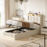 Lit coffre simple 90x190 cm beige - lit avec rangement 1 place, t�te de lit avec led, �tag�re et ports ...