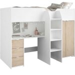Parisot - lit combine mezzanine enfant - decor blanc et chene - sommier inclus - 90x200 cm - tom