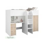 Lit combin� mezzanine enfant - tom - blanc et chene - armoire, bureau et sommier inclus