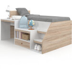 Lit combin� avec sommier, bureau et rangement leopold 90 x 190 cm h�tre et blanc