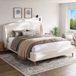 Lit double 140�190 cm avec t�te de lit � oreilles et sommier � lattes, sans matelas, en tissu boucl�, ...