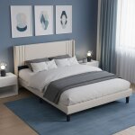 Lit double 140x190 cm en lin, 2 places, avec t�te de lit, sommier � lattes en bois, lit adulte style ...