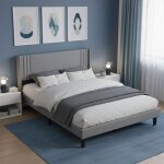 Lit double 140x190 cm en lin, 2 places, avec t�te de lit, sommier � lattes en bois, lit adulte style ...