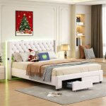 Lit double 140x190 - pocketpop - usb et led - 2 tiroirs - velours blanc cass� - d�coration de rivets