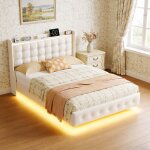 Lit double 140x200 cm avec �clairage led et usb, cadre de lit flottant en velours, t�te de lit capitonn�e ...