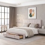 Lit double 140x200 cm rembourr� en velours - cadre de lit avec sommier � lattes, grand tiroir de rangement ...