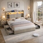 Lit double 140x200 avec �clairage led et prise usb, lit capitonn� 140x200 avec �tag�res ouvertes et t�te ...