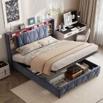 Lit double 140x200 velours gris avec coffre de rangement, t�te led et chargeur usb / type - c