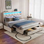 Lit double 160 x 200 cm chargement usb type?c tiroirs rangement linge de lit