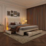 Lit double 160 x 200 cm grands tiroirs rangement �clairage led velours