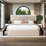 Lit double 160 x 200 cm avec led et 4 tiroirs, lit capitonn� avec t�te de lit r�glable, sommier � lattes, ...