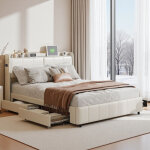 Lit double 160 x 200 cm avec tiroirs, lit 2 place rembourr� avec ports usb, tete de lit avec rangement, ...