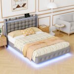 Lit double 160x200 cm avec �clairage led et usb, cadre de lit flottant en velours, t�te de lit capitonn�e ...