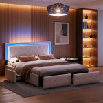 Lit double 160x200 cm avec prise de lumi�re led 4 tiroirs en pu doux pour la peau lit rembourr� pour ...