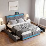 Lit double 180x200 cm, led et usb, tete de lit capitonn�e, 4 tiroirs, tissu en lin, cadre de lit 180x200 ...