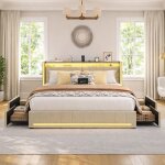 Lit double 180x200 cm avec sommier � lattes, t�te de lit rembourr� avec led et usb tpye c, 4 tiroirs ...