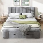 Lit double capitonn� 140 x 200 cm. 4 tiroirs. velours. gris