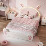 Lit double capitonn� 140x200 cm avec �clairage led, t�te de lit en forme de lapin, sommier � lattes en ...