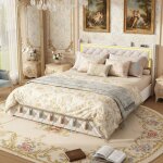 Lit double capitonn� 160 x 200 cm velours beige avec sommier, 4 tiroirs, led et ports usb / type - c