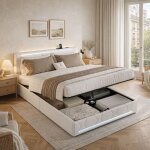 Lit double capitonn� 160x200cm, lit coffre avec espace de stockage et sommier � lattes, cadre de lit ...