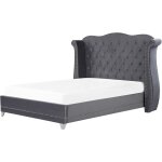 Lit double capitonn� type chesterfield en velours gris avec haute t�te de lit boutonn�e 180 x 200 cm ...