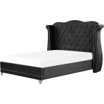 Lit double capitonné type chesterfield en velours noir avec haute tête de lit boutonnée 160 x 200 cm ... Lit double capitonné type chesterfield en velours noir avec haute tête de lit boutonnée 160 x 200 cm ...