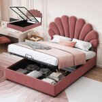 Lit double enfant - 140 x 200 cm - t�te de lit r�glable - rangement hydraulique - velours rose