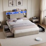 Lit double avec rangement 160x200 cm, lit adulte en lin avec 4 tiroirs et sommier, t�te de lit �tag�re, ...