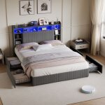 Lit double avec rangement 160x200 cm, lit adulte en lin avec 4 tiroirs et sommier, t�te de lit �tag�re, ...