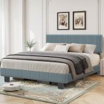 Lit adulte 140x200 cm, cadre de lit avec rangement spacieux & sommier � lattes, gris - bleu velours lits ...