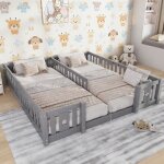 Lit double lit au sol 90x200cm, lit montessori avec barri�re de s�curit�, cadre de lit enfant, sommier ...