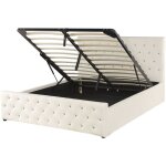 Lit double en velours beige clair 140 x 200 cm avec sommier � lattes et coffre de rangement ultra confortable ...