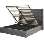 Beliani ? lit double avec rangement sous le sommier ? velours gris 160x200 cm ? t�te de lit chesterfield ...