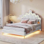 Lit enfant 140x200 cm - adwolt - couronne princesse - led int�gr�e - t�te r�glable - pu blanc