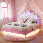 Lit enfant 140x200 cm avec led r�glable - lit fille avec t�te de lit couronne r�glable - lit princesse ...