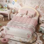 Lit enfant 140x200 cm, avec sommier � lattes, lit simple princesse t�te de lit lapin mignon et �clairage ...